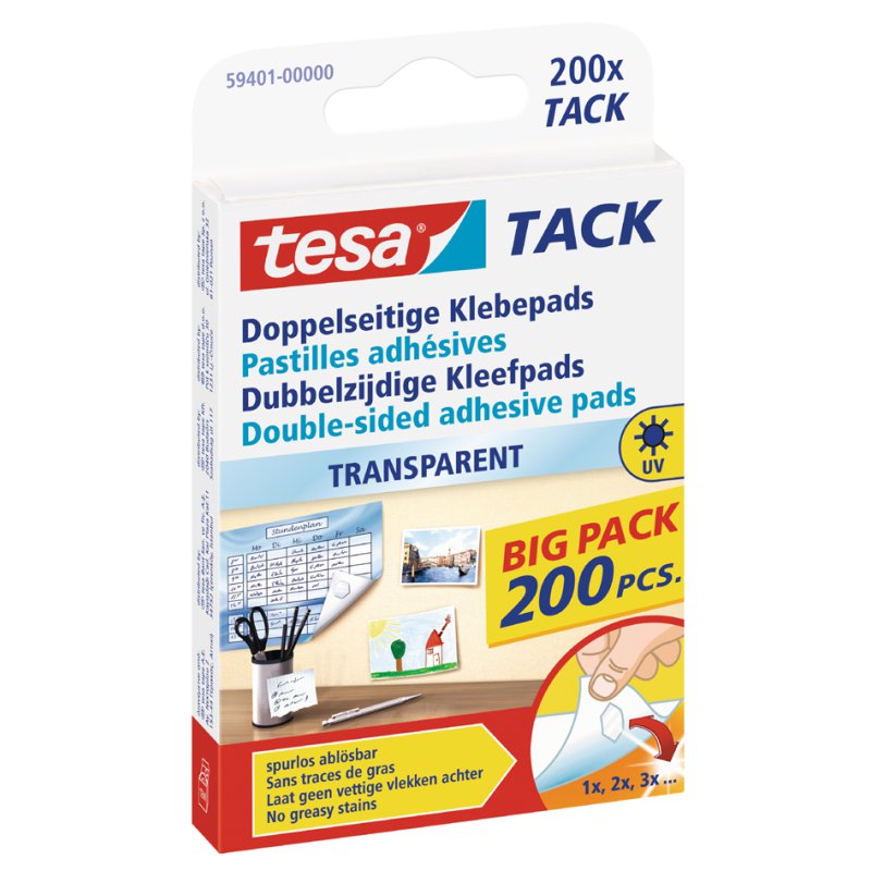 tesa TACK pastilles adhésives, transparent, double-face, 72 pièces
