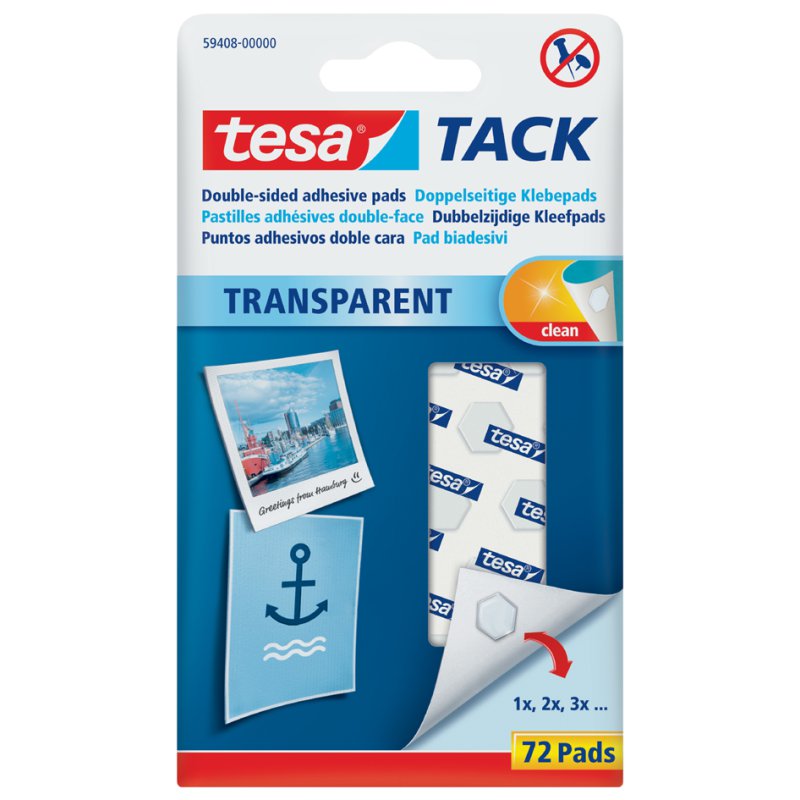 tesa TACK pastilles adhésives, transparent, double-face, 72 pièces