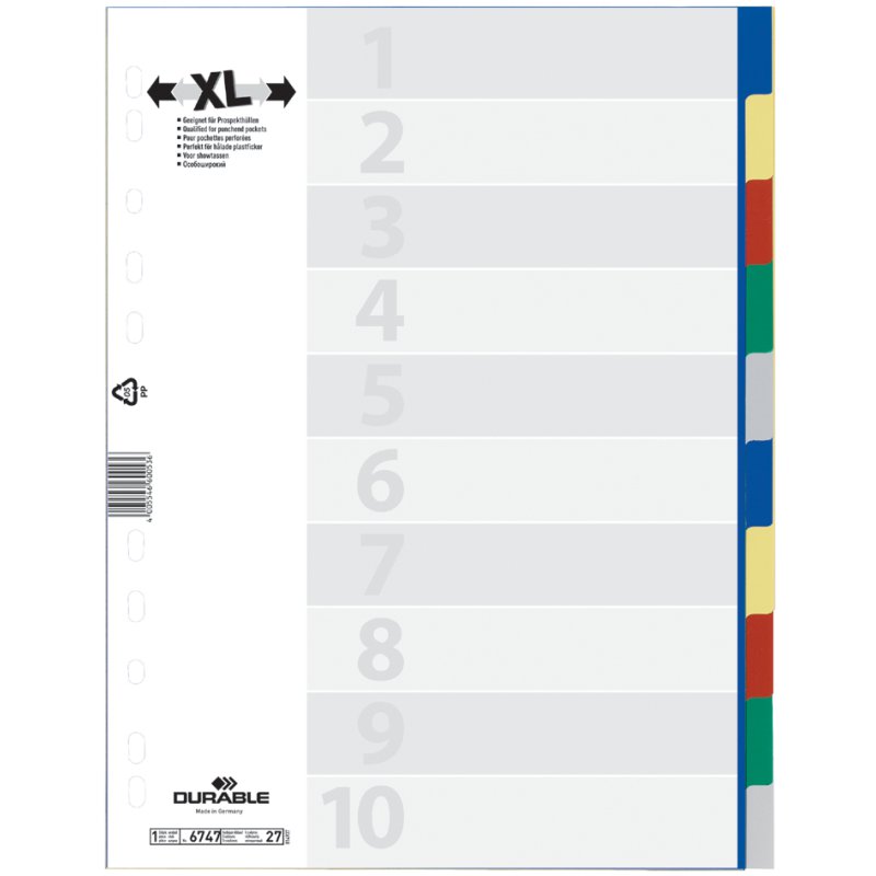 DURABLE intercalaires A4, 10 pièces, extra large, onglets colorés vierges