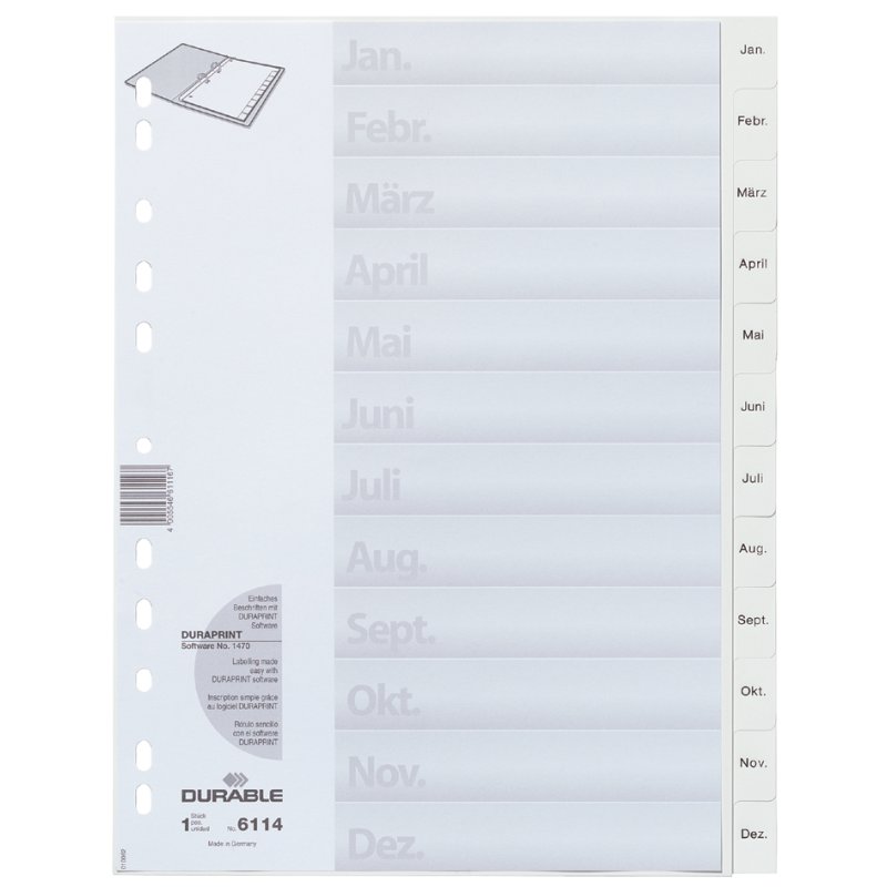 DURABLE index mensuel A4, 12 pièces, blanc, plastique