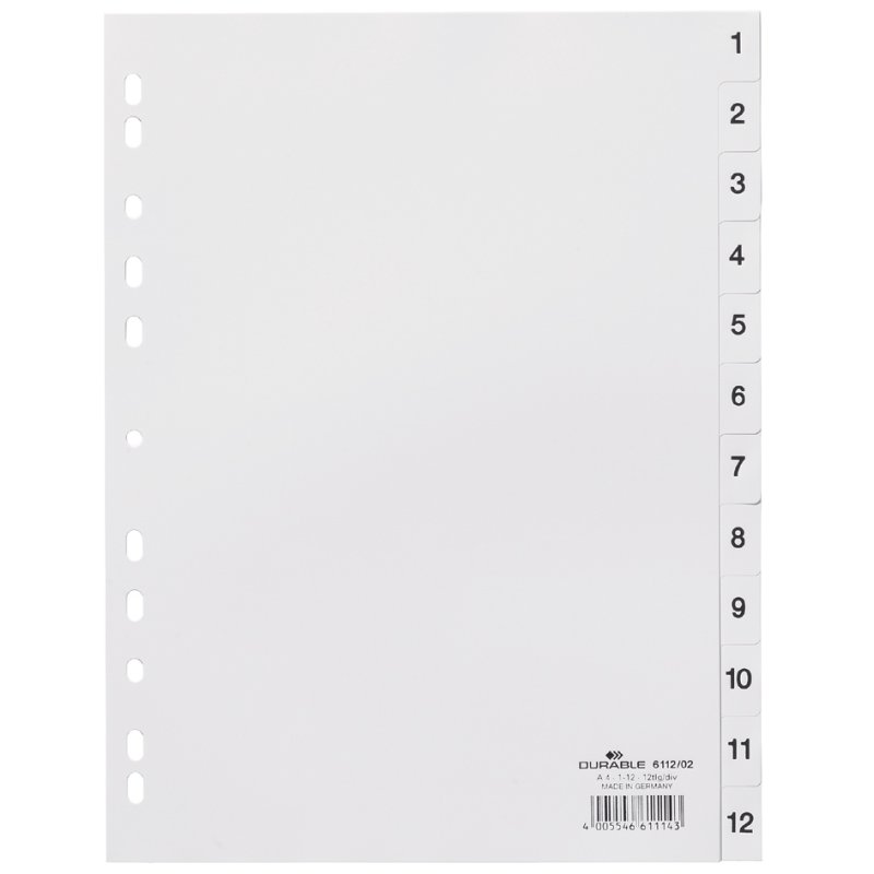 DURABLE intercalaires en plastique A4, chiffres 1-12, couleur, 12 pièces