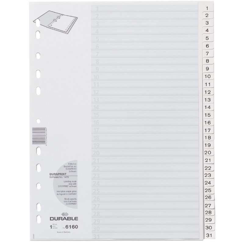 DURABLE intercalaires en plastique A4, chiffres 1-12, couleur, 12 pièces