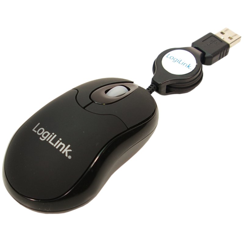 LogiLink optical mini mouse, retractable cable, black, 800 dpi