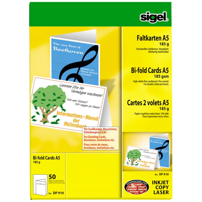 Sigel cartes pliantes DIN long A4, 185 g/m², blanc brillant, 50 pièces