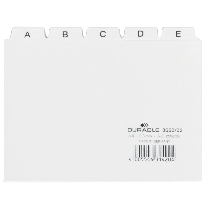 DURABLE indexregister A-Z, PP, A6 dwars, wit, 25-delig