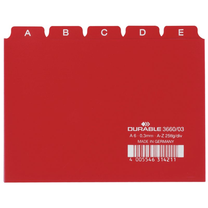 DURABLE indexregister A-Z, PP, A6 dwars, wit, 25-delig