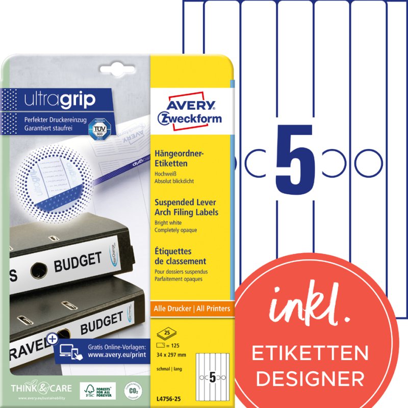 AVERY Zweckform étiquettes pour dossiers suspendus, 34×297 mm, blanc, 125 pièces