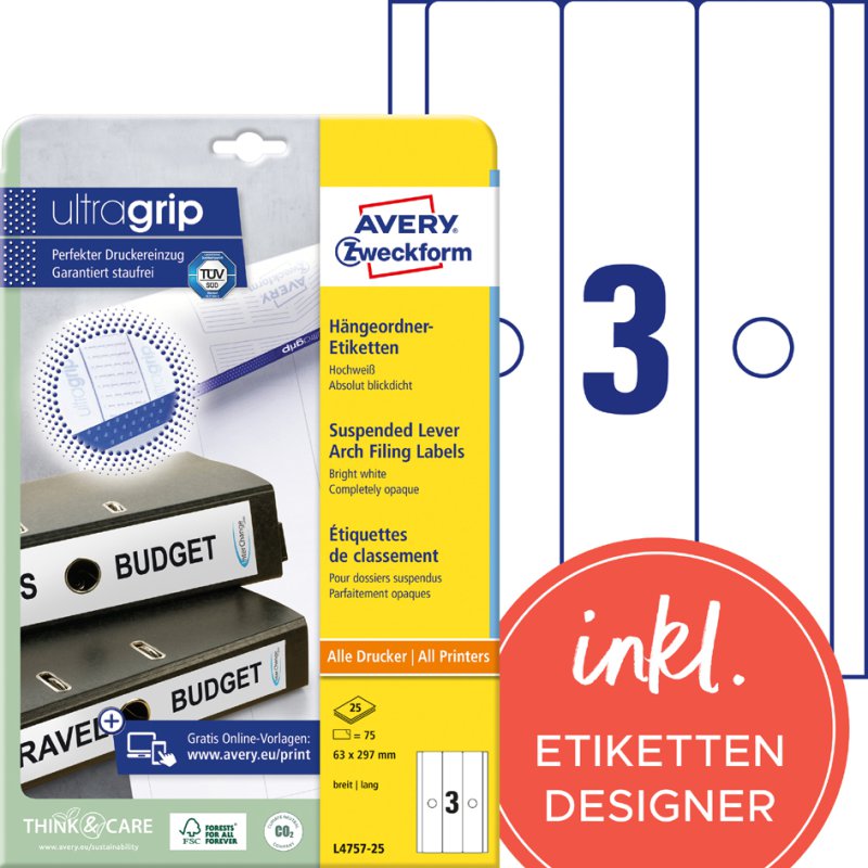 AVERY Zweckform étiquettes pour dossiers suspendus, 34×297 mm, blanc, 125 pièces