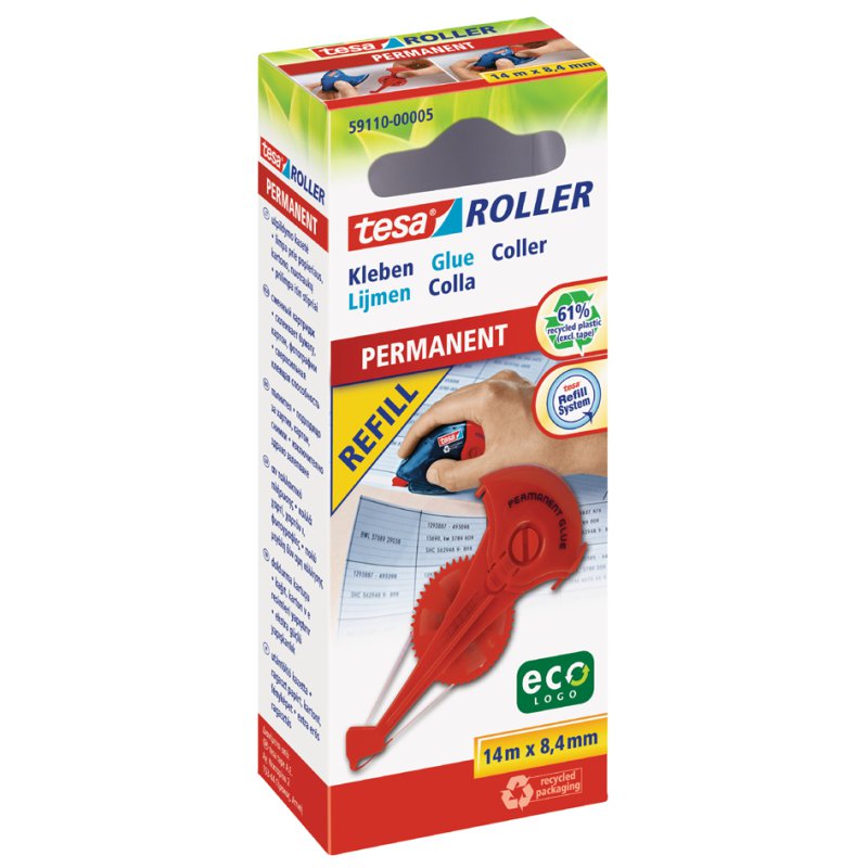 tesa ecoLogo cartouche de recharge colle permanente, 8,4 mm × 14 m, rouge