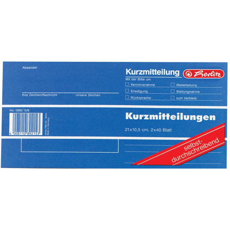 herlitz formulierenboek Beknopte notities, zelfkopiërend, 210×105 mm, 2×40 vel