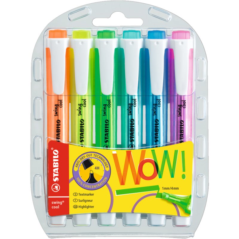 STABILO surligneurs swing cool, 4 pièces, jaune/bleu/vert/rose