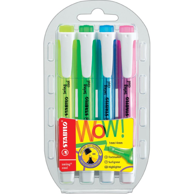 STABILO surligneurs swing cool, 4 pièces, jaune/bleu/vert/rose