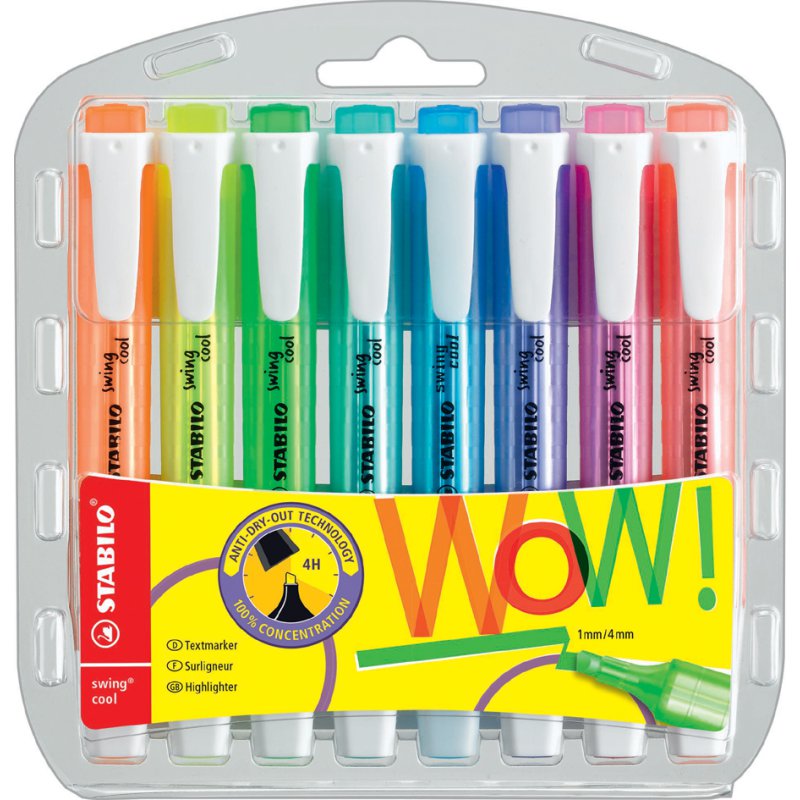 STABILO surligneurs swing cool, 4 pièces, jaune/bleu/vert/rose
