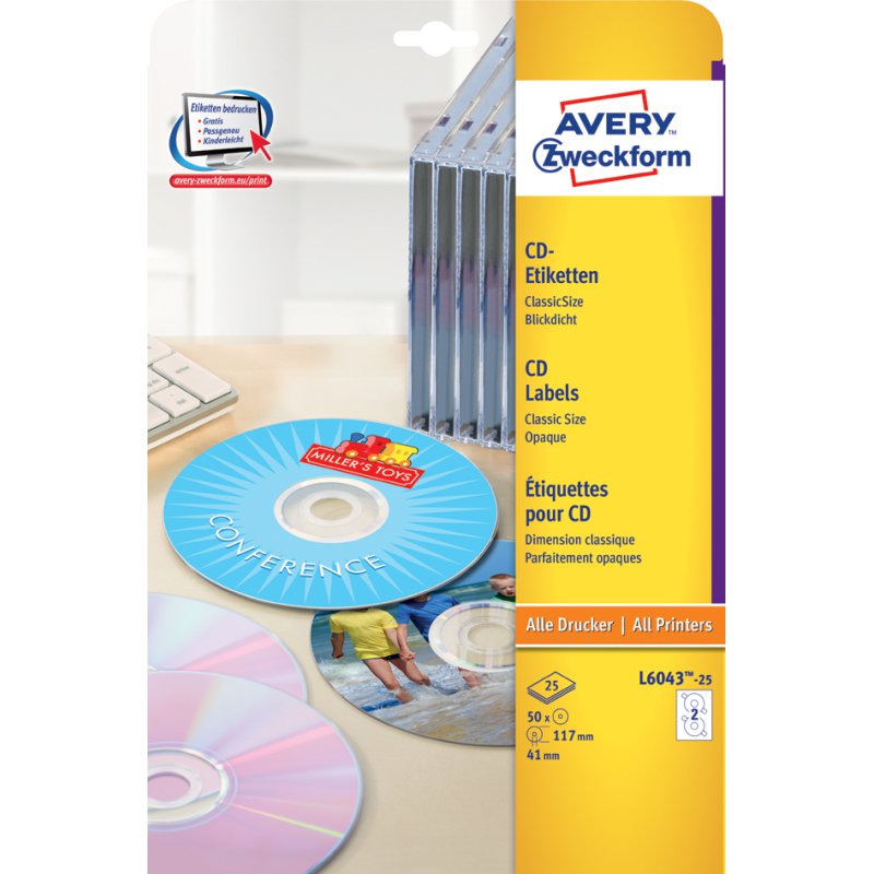 AVERY Zweckform CD-etiketten ClassicSize, wit, 117 mm, 200 stuks