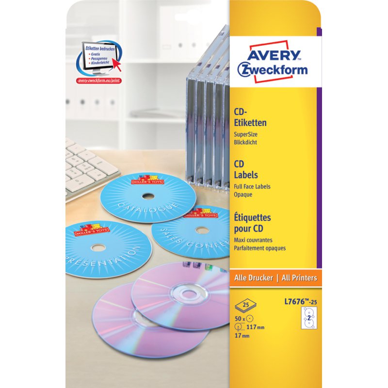 AVERY Zweckform CD-etiketten SuperSize, wit, glanzend, 50 stuks