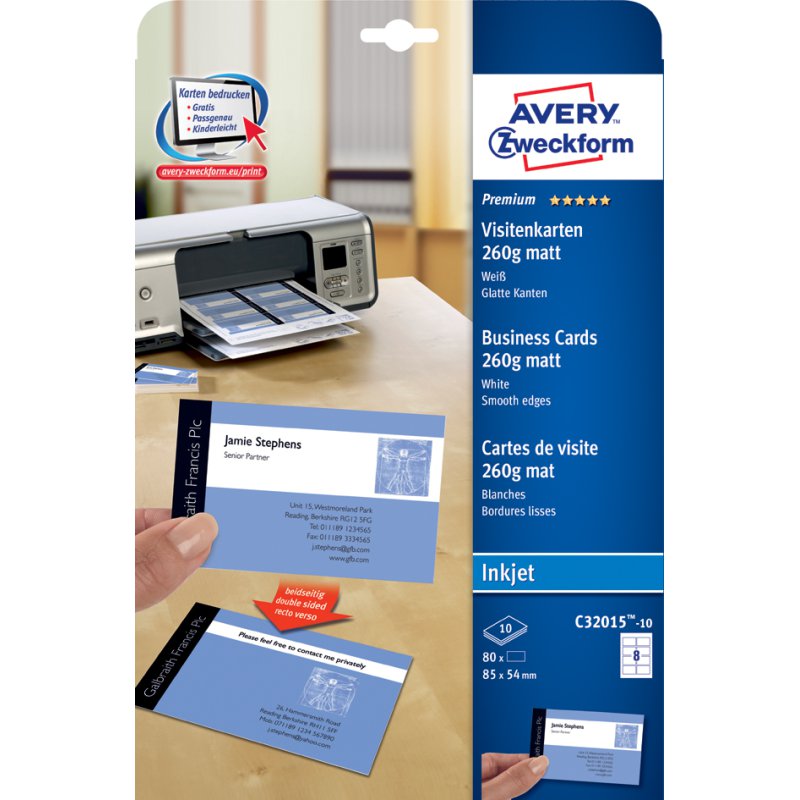 AVERY Zweckform cartes de visite mates 260 g/m², jet d'encre, 85×54 mm, 200 pièces