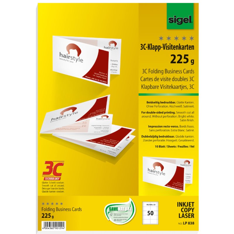 Sigel cartes de visite pliables 3C, 90/180 × 55 mm, blanc brillant, 50 pièces