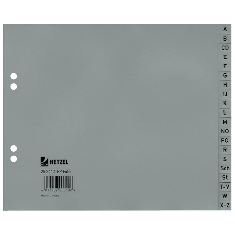 HETZEL intercalaires plastique A-Z, A4, gris, 24 pièces