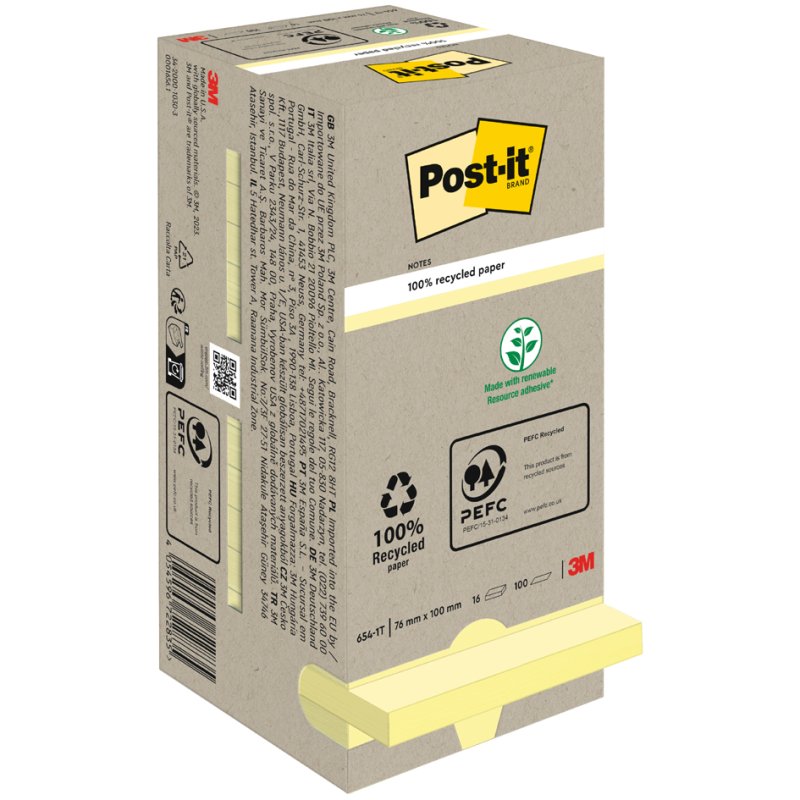 Post-it bloc-notes adhésifs recyclé, 127×76 mm, jaune, 16 pièces