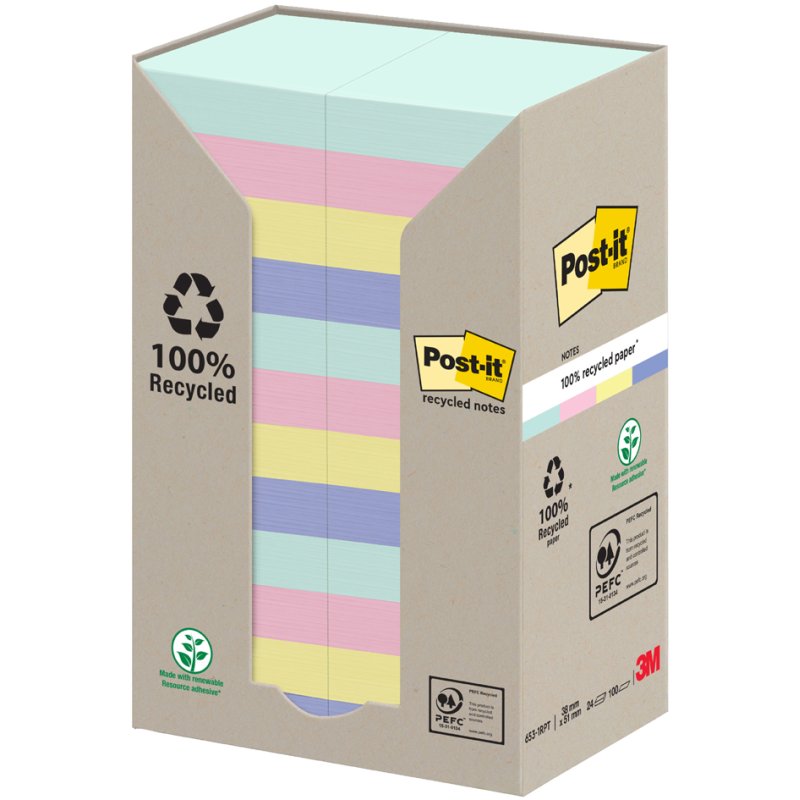 Post-it Notes Recyclées, 127×76 mm, couleur, 16 pièces