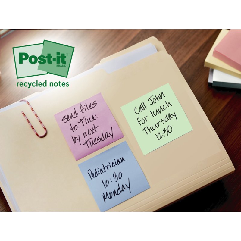 Post-it Notes Recyclées, 127×76 mm, couleur, 16 pièces