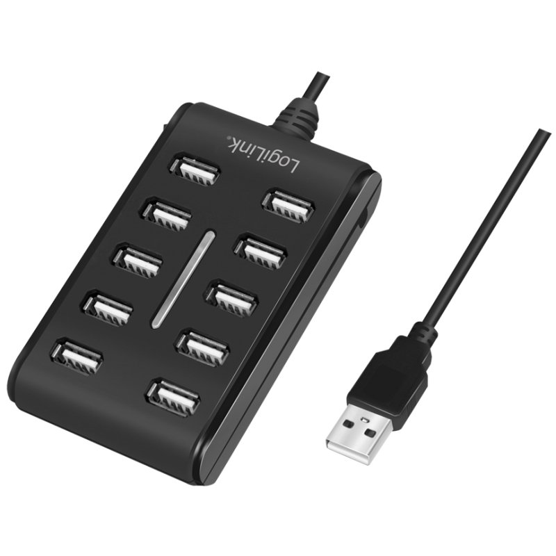 LogiLink USB 2.0 hub, 10 ports, with on/off switch, black