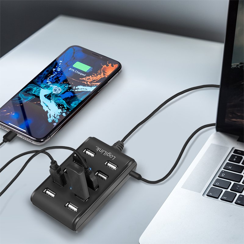 LogiLink USB 2.0 hub, 10 ports, with on/off switch, black
