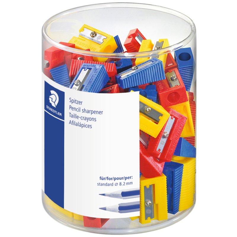 STAEDTLER pencil sharpener, plastic, mixed red/blue/yellow, 100 pieces