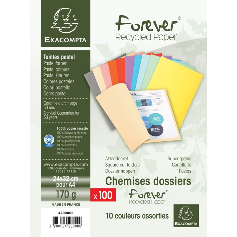 EXACOMPTA chemises FOREVER 250, A4, orange, 100 pièces