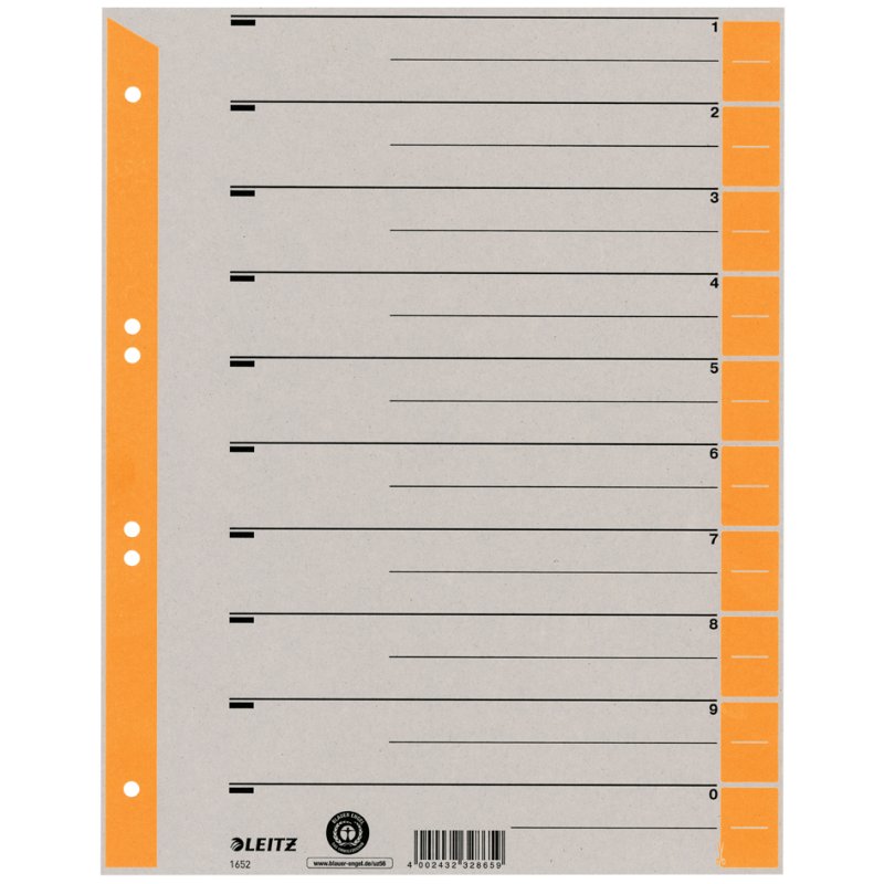 LEITZ intercalaires A4 extra-larges, carton kraft 230g/m², gris avec onglets orange, 100 pcs