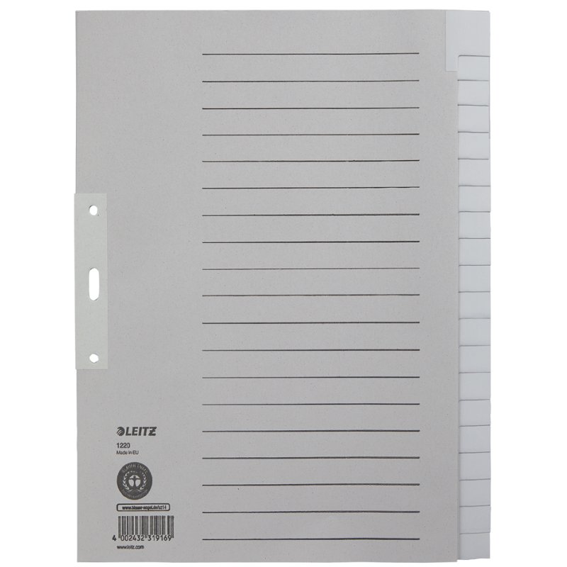 LEITZ onglets de registre blancs A4 extra-larges, gris, 20 pièces