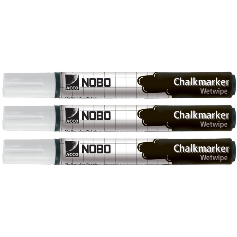 Nobo marqueurs à craie, effaçable à l'eau, blanc, pointe ronde 2 mm, 3 pièces