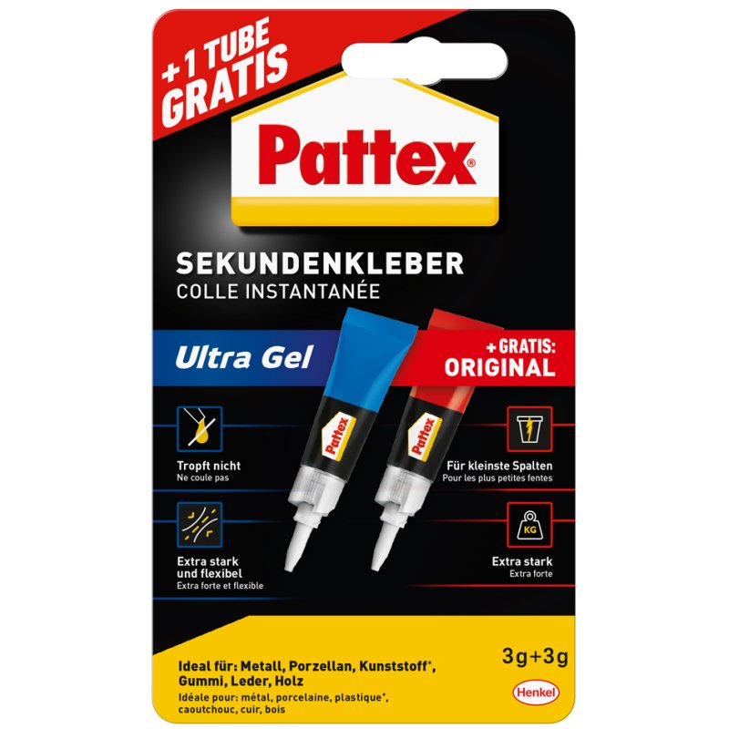 Pattex colle secondaire ultra gel, 3 g + 3 g gratuit, extra fort