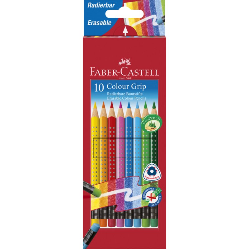 Faber-Castell crayons de couleur Colour GRIP, triangulaire, effaçable, 10 pièces