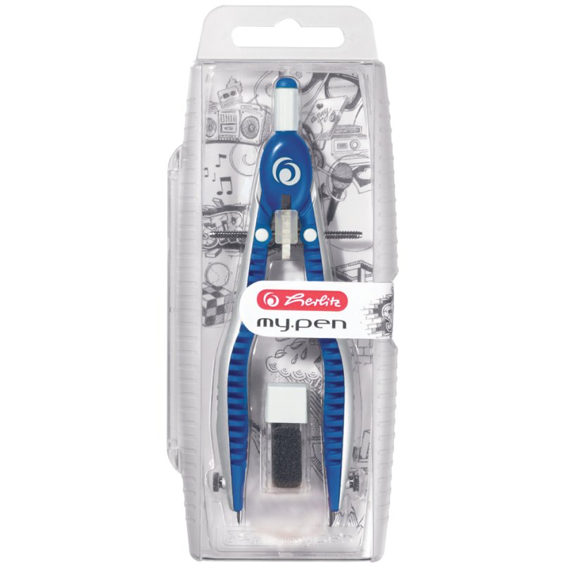 herlitz compas réglable my.pen, bleu/blanc, mines de rechange incluses