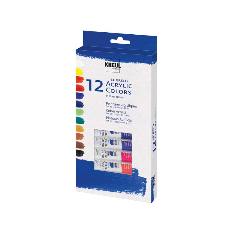 KREUL peinture acrylique El Greco, set de 12 couleurs, 12 ml, base aqueuse