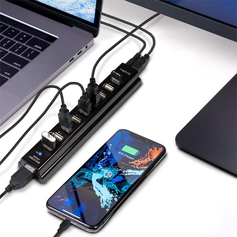 LogiLink Hub USB 2.0 avec alimentation, 10 ports, noir