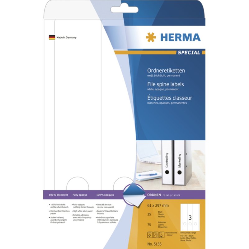 HERMA étiquettes de dos de classeur, 61×297 mm, blanc, 75 pièces