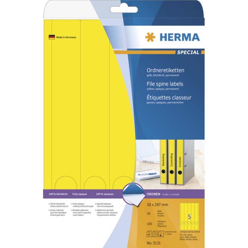 HERMA étiquettes pour dos de classeur, bleu, 38 × 297 mm, 100 pièces