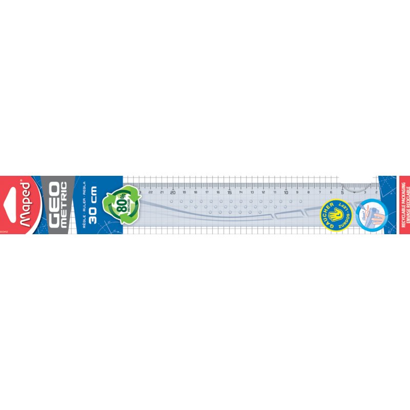 Maped règle plate 300 mm, gauchers, transparent, 80% plastique recyclé