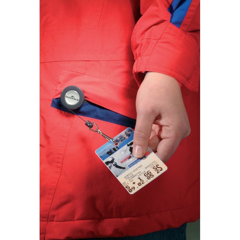 DURABLE badge holder with carabiner hook, anthracite, retractable mechanism, 10 pieces