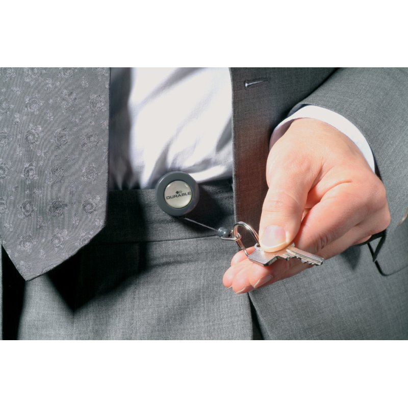 DURABLE badge holder with key ring, anthracite, retractable reel, 10 pieces