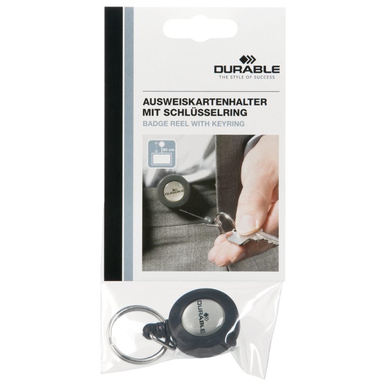 DURABLE badge holder with key ring, anthracite, retractable reel, 10 pieces