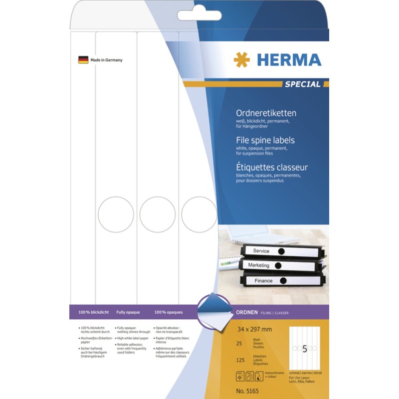 HERMA ordnerrugetiketten smal, 34×297 mm, wit, 125 stuks