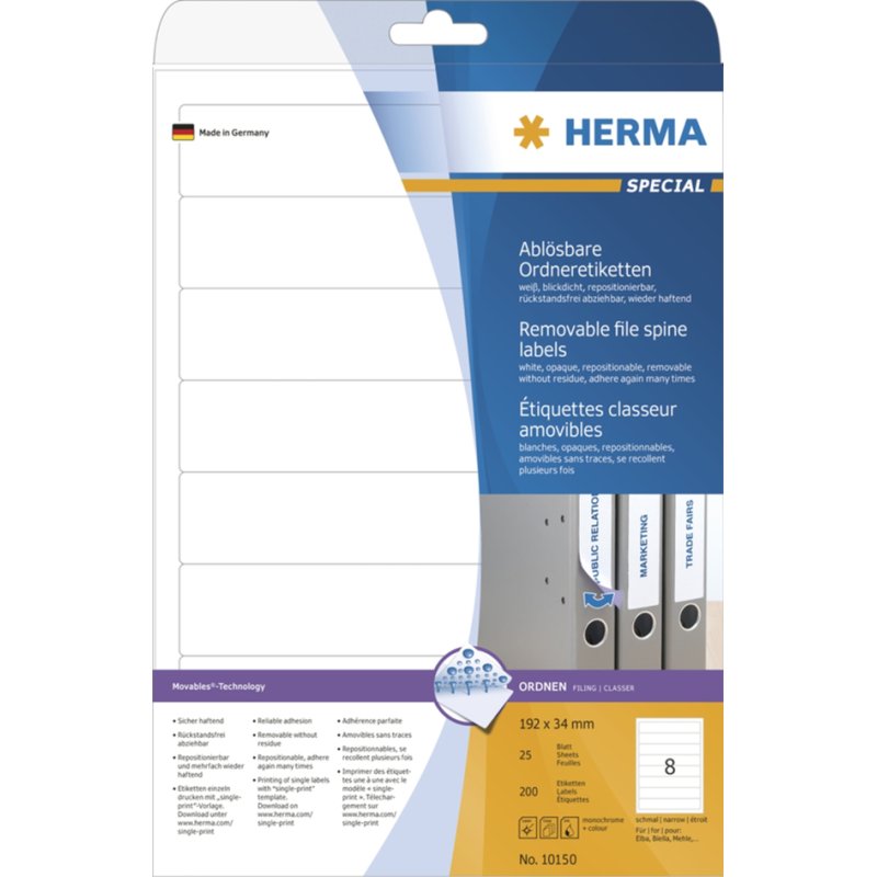 HERMA étiquettes dos de classeur, repositionnables, 192×61 mm, blanc