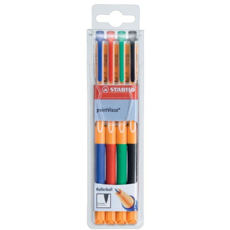 STABILO pointVisco gel ink rollerballs, 0.5 mm, 4 colours, plastic case
