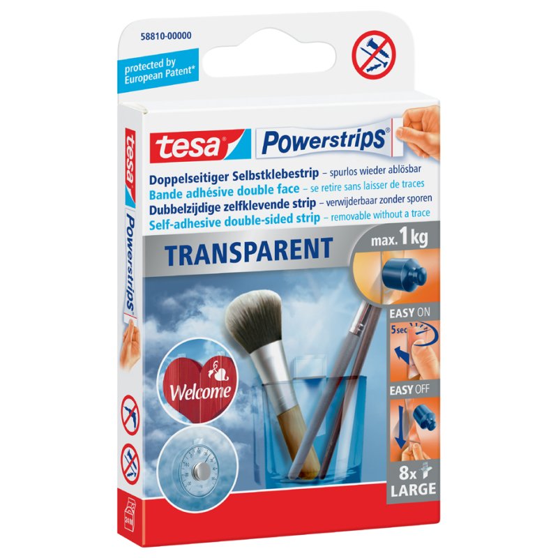 tesa Powerstrips transparant, draagkracht max. 1,0 kg, 8 stuks