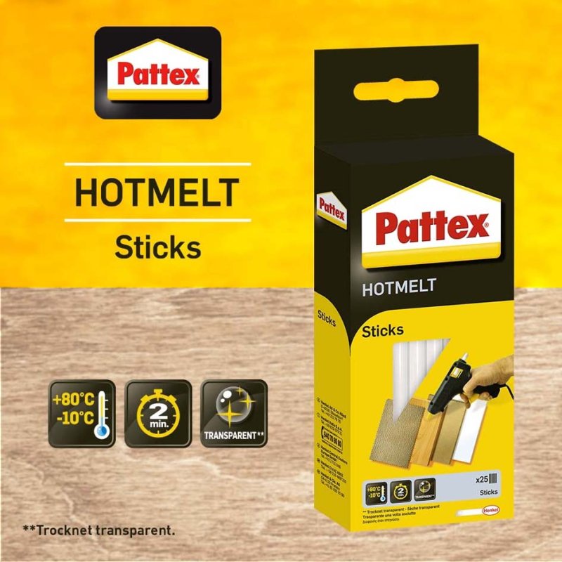 Pattex bâtons de colle thermofusible HOT STICKS, transparent, rond 11 mm, 25 pièces