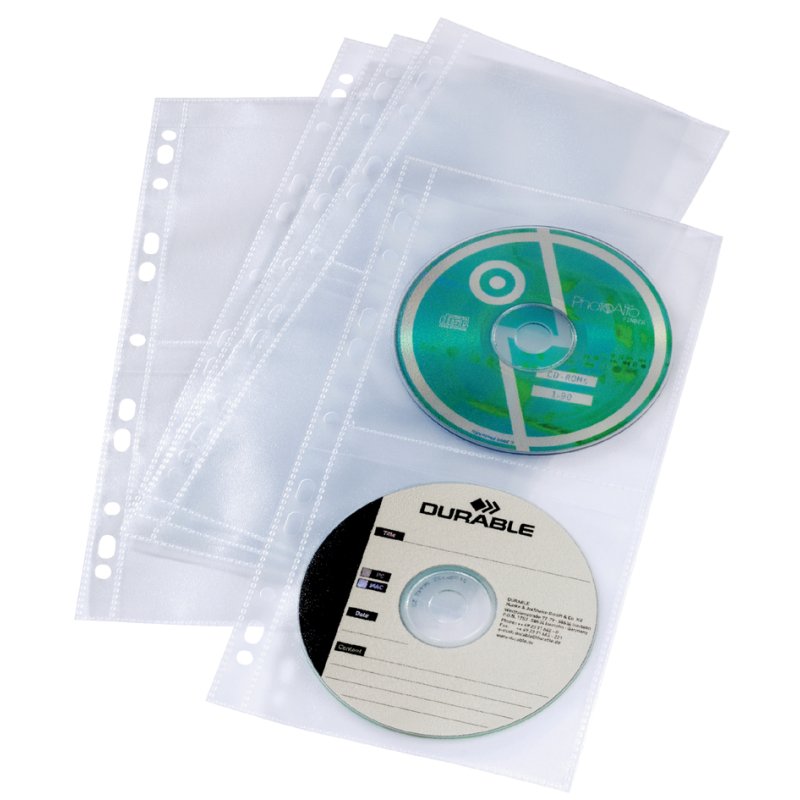 DURABLE Étuis CD/DVD pour 4 disques, transparent, perforation pour reliure à anneaux, 5 pièces