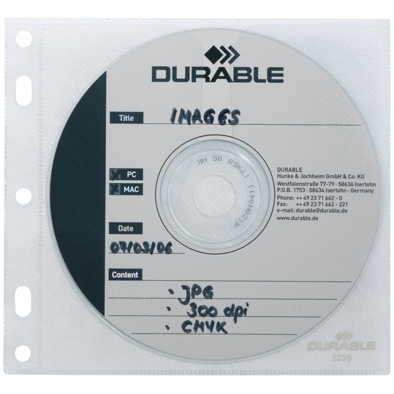DURABLE CD/DVD hoezen, transparant, perforatie voor ringband, 10 stuks